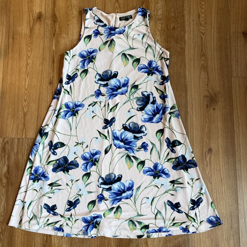 Lauren Ralph Lauren Womens 8 Pale Pink‎ Blue Floral Sleeveless Swing Lined Dress